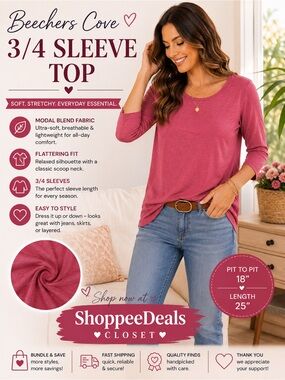 Beacan Cove 3/4 Sleeve Modal Blend Knit Top – Women’s Size Medium – Rose Pink